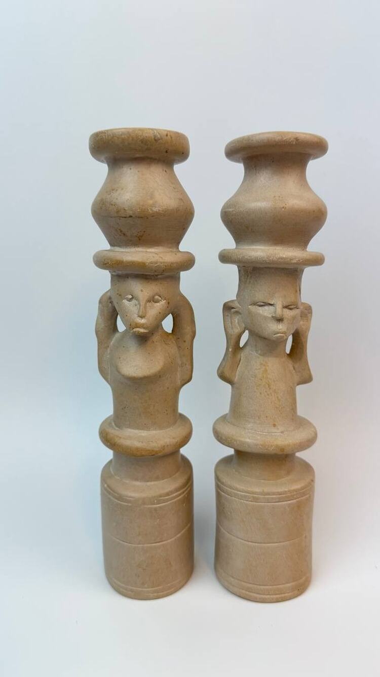 Hand Carved Kenya Soapstone Candle Holders Tribal Figures Pair 3.68 lb